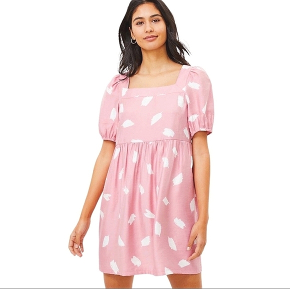 ANN TAYLOR LOFT Brushstroke Square Neck Swing Dress in pink/white. Size L NWT - Picture 1 of 15